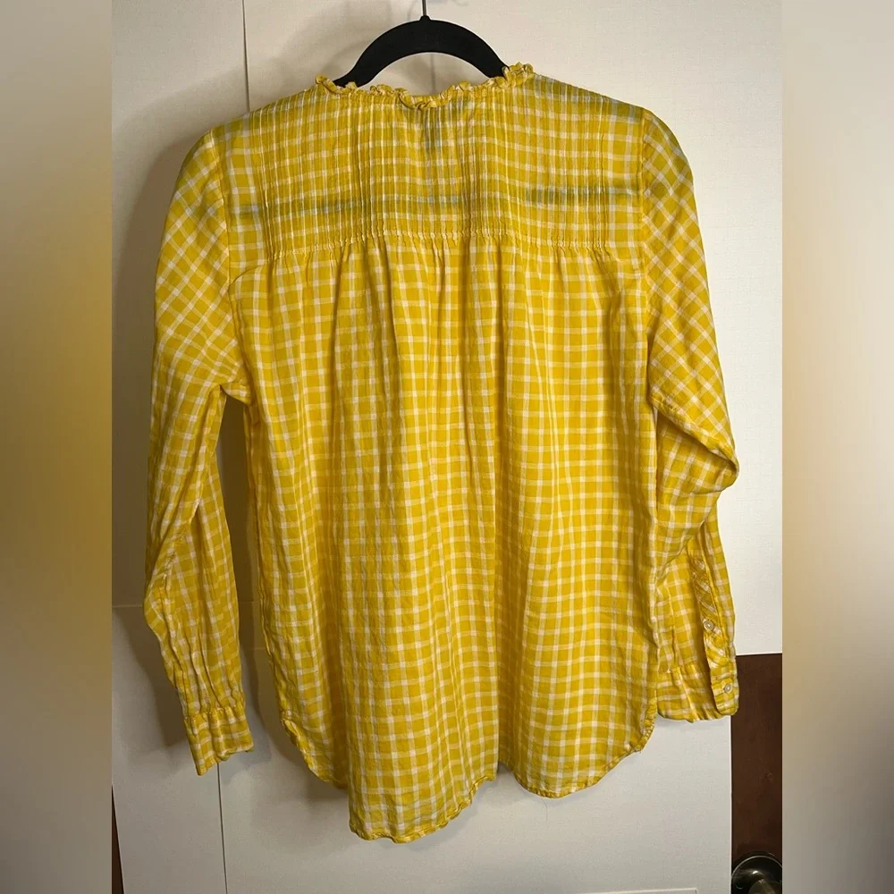 J. Crew Women’s Size 6 Yellow Gingham Ruffled Neckline Pleated Bib Cotton Top